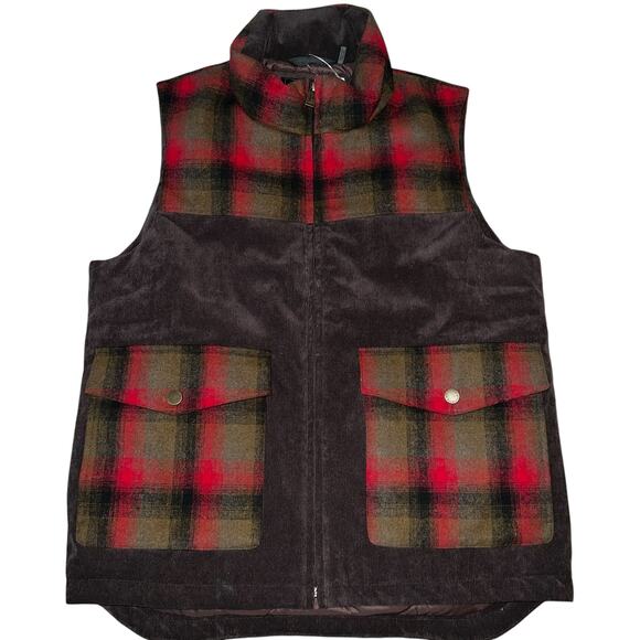 Pendleton Black Hills Duck Down Wool Corduroy Vest Plaid large Red Olive NEW - Picture 1 of 9